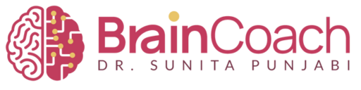 BrainCoach logo featuring a stylized brain design in pink and gold with circuit-like pathways, followed by 'BrainCoach' in burgundy text and 'Dr. Sunita Punjabi' in gray text below